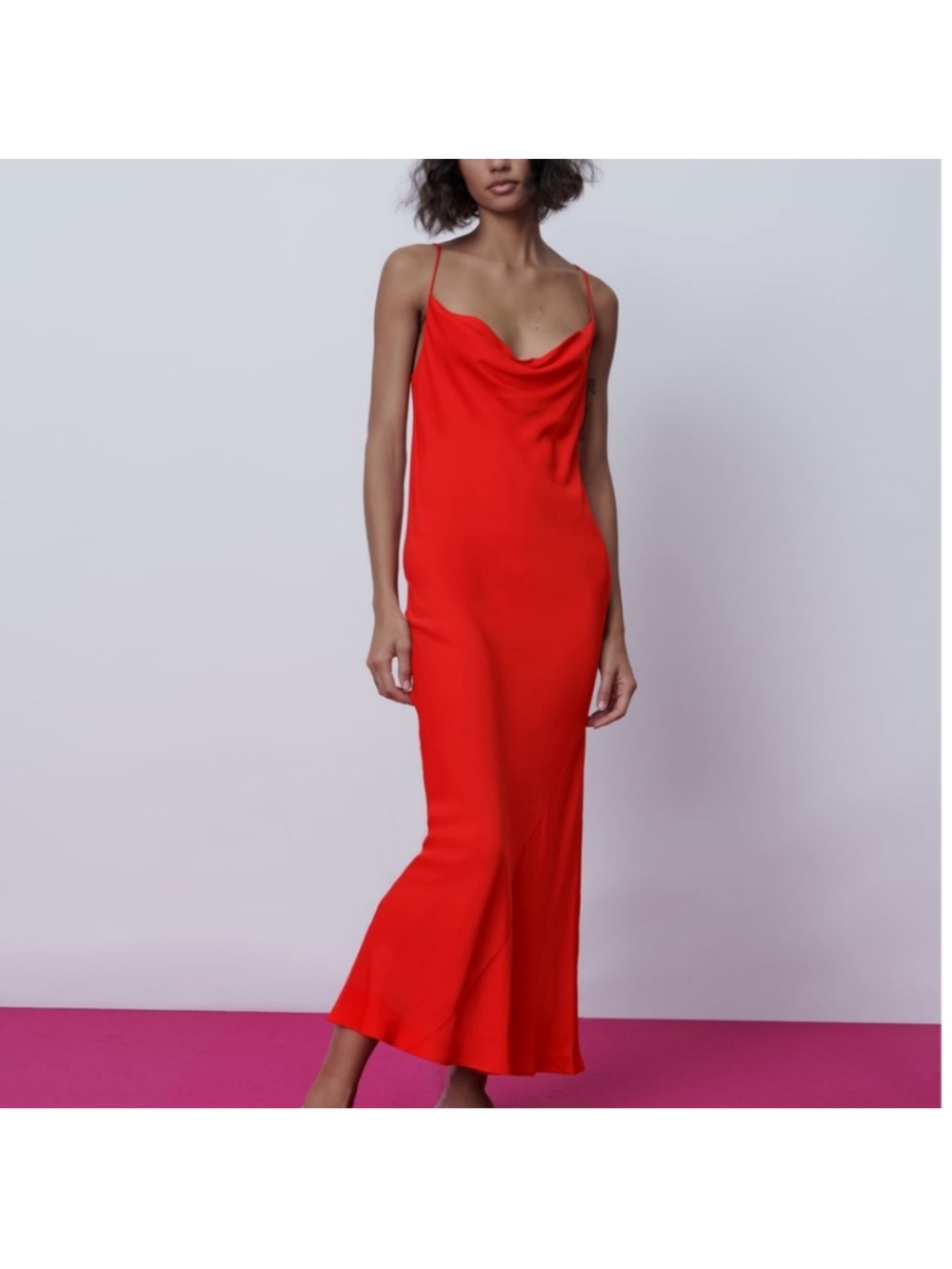 Zara xs bright red matte satin midi maxi midaxi  cocktail dress sleeveless cowl